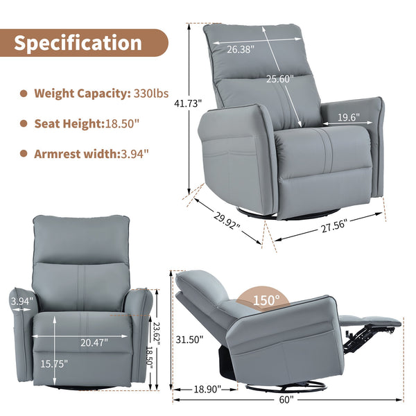 English Elm 360° Swivel Rocker Recliner Chair with Pull-Ring Recline, 360° Swivel, Rocking Comfort for Living Spaces Blue Gray W1028S00051