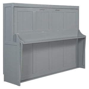 English Elm Queen Size Murphy Bed With Hydraulic Lift & Integrated Desk - Space-Saving Gray Design For Versatile Living N820S00033E-GIGA