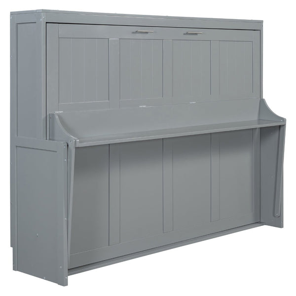English Elm Queen Size Murphy Bed With Hydraulic Lift & Integrated Desk - Space-Saving Gray Design For Versatile Living N820S00033E-GIGA