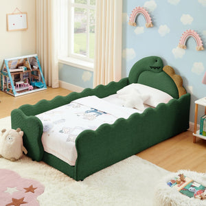 English Elm Twin Dinosaur Boucle Upholstered Kids Bed Solid Wood Frame with Padded Safety Rails Green W1413P385005