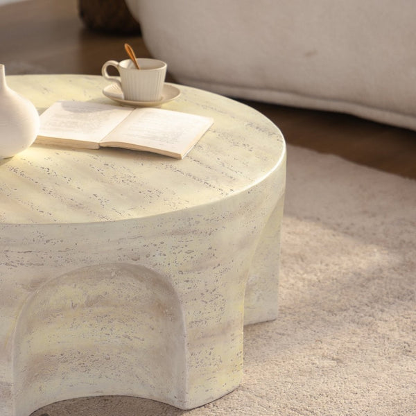 English Elm Mars Sculptural Round Accent Table Arched Cutout Base Minimalist Beige Living Room W3081P440608