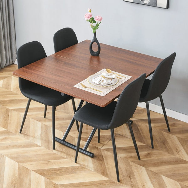 English Elm Table And Chair Set - Modern Adjustable Lifting Table With Walnut Finish & 4 Stylish Black Chairs W1151S03779-GIGA