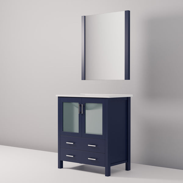 English Elm Navy Blue Bath Vanity Set With White Ceramic Top, Soft-Close Drawers & Stylish 28 In. Mirror Included B2731S00724