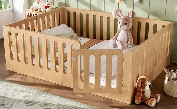 English Elm Queen Solid Pine Montessori Floor Bed for Kids with House Frame and Built-in Door Natural W5305P420640