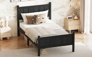 English Elm Twin Platform Bed Vertical Slat Headboard Farmhouse Shaker Wood Grain Finish Bedroom Black N733P422478E