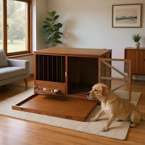 English Elm 43" Solid Pine Dog Crate End Table with Walnut Finish and Rotating Feeder Bowl N843P322022W