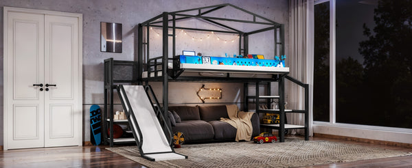 English Elm Twin Metal Loft Bed with Built-in Wardrobe Storage Stairs Led Lights and Usb Ports W5316S00045