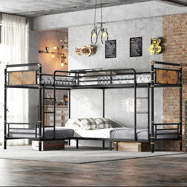 English Elm Quad Quad Bunk Bed for 4 Kids - Heavy Duty Metal Twin Frame, Detachable Triple Layout, Rustic Black Wood Finish, 250lb Capacity Each, Space-Saving Modular Design W2580S00020