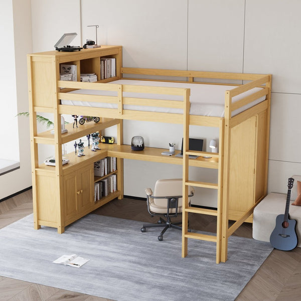 English Elm Full Size Pine Loft Bed House Frame with Slide Bookshelves and Moon Star Rails W1580S00163