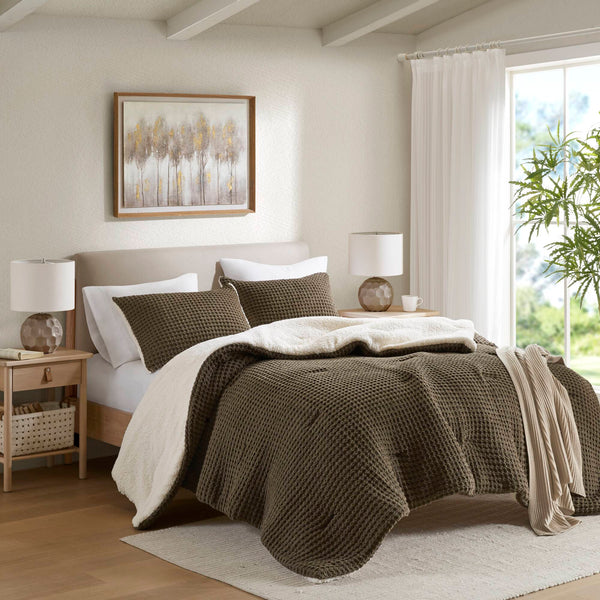 English Elm Waffle Soft Chenille Comforter Set Twin with Ivory Sherpa Reverse, Hypoallergenic Down-Alternative Fill Brown 21.26 L x 21.26 W x 17.72 H B035P294137