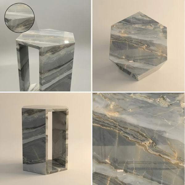 English Elm Genuine Solid Marble Hexagonal Pedestal End Table Polished Stone for Modern Living Blue+Multi W1696P407997