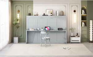 English Elm Queen Size Murphy Bed With Hydraulic Lift & Integrated Desk - Space-Saving Gray Design For Versatile Living N820S00033E-GIGA