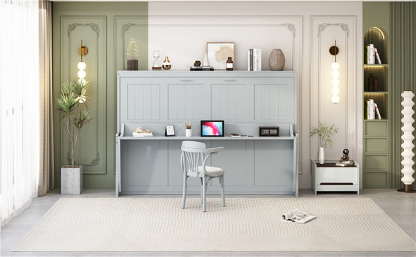 English Elm Queen Size Murphy Bed With Hydraulic Lift & Integrated Desk - Space-Saving Gray Design For Versatile Living N820S00033E-GIGA