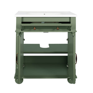 English Elm 27.8" Mid-century Freestanding Bathroom Vanity with Ceramic Sink Drawer and Wood Base Green W1801S00007