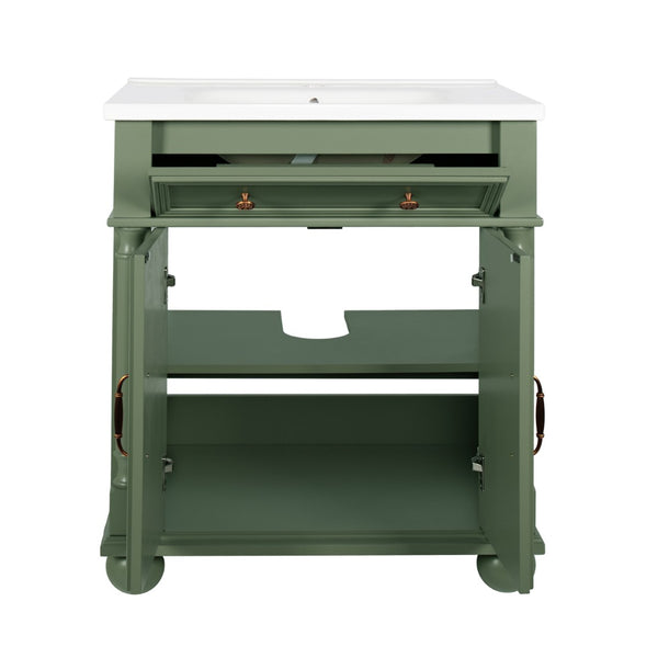 English Elm 27.8" Mid-century Freestanding Bathroom Vanity with Ceramic Sink Drawer and Wood Base Green W1801S00007
