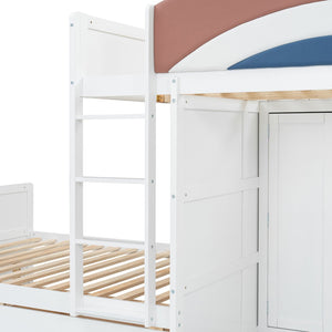 English Elm Full Size Offset Bunk Bed with Wardrobe Hanging Rod Drawers and Upholstered Rail White N820S00081K
