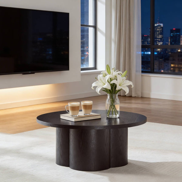 English Elm Round Wood Grain Coffee Table with Curved Bentwood Legs for Modern Living Rooms Black W2085P400929