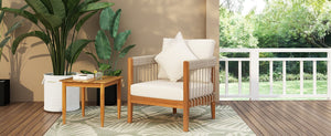 English Elm Christopher Knight Home® - Acacia Wood Outdoor Club Chair with Handwoven Rope, Curved Back & Water-Resistant Cushions for Patio Natural+Beige N767P265743N