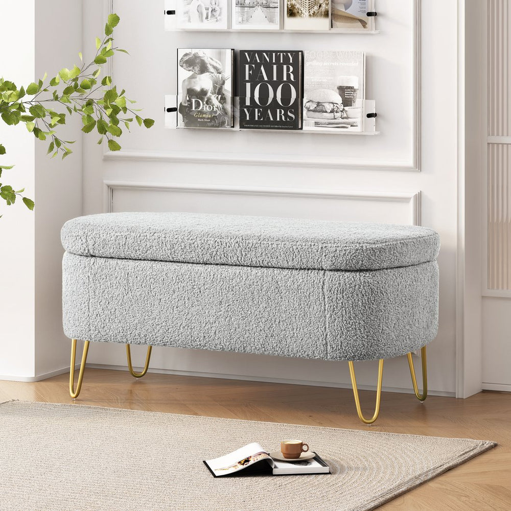 English Elm Christopher Knight Home® - Oval Grey Upholstered Storage Bench with Gold Metal Legs — Flip-Top Ottoman, Durable, Spacious Seat(storage) N769P195486G