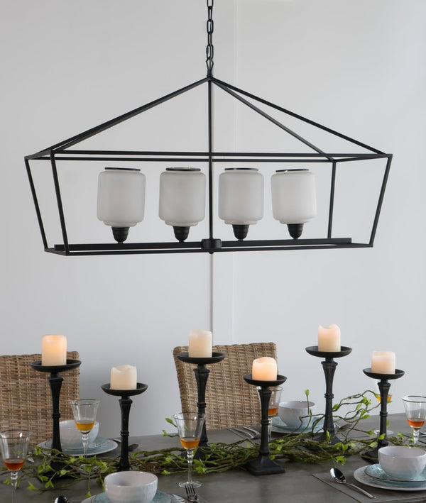 English Elm 41.7x14.2x23.8" Matte Black Iron Chandelier White Glass Panels Industrial Dining Foyer W2078P411229