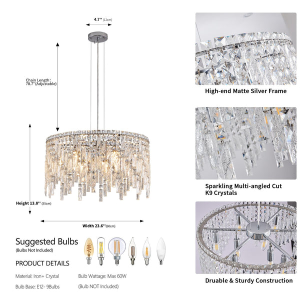 English Elm 24" Luxurious Crystal Chandelier Round Silver Chrome Pendant Light for Dining Living Bedroom Elegance W2312P374966