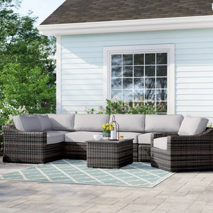 English Elm 5-Person Wicker Patio Set with Cushions Fully Assembled — 7-Piece Weatherproof Aluminum Sofa Set, Plush 5" Cushions Brown B120S00110