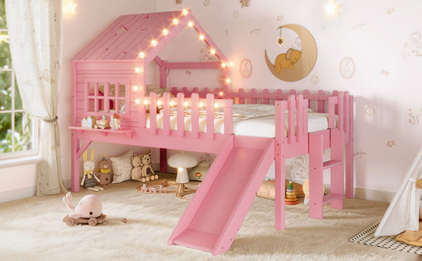 English Elm Twin Playhouse Loft Bed Solid Pine Frame with Slide Led Lights and Star Roof Pink W5316S00003
