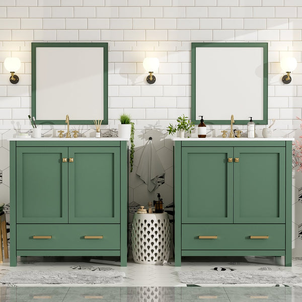 English Elm 60" Green Bathroom Vanity Set with Double Ceramic Sinks, Solid Wood Storage, Soft-Close Doors, Modern Durable Design N729P000001F