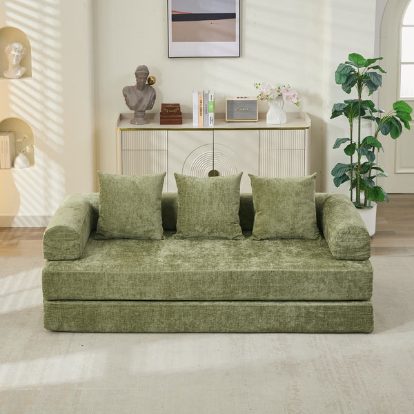 English Elm Comfy Chenille Convertible Folding Mattress Couch Sofa Bed with Armrest, Space-Saving, No Assembly Needed Green W1143P330251