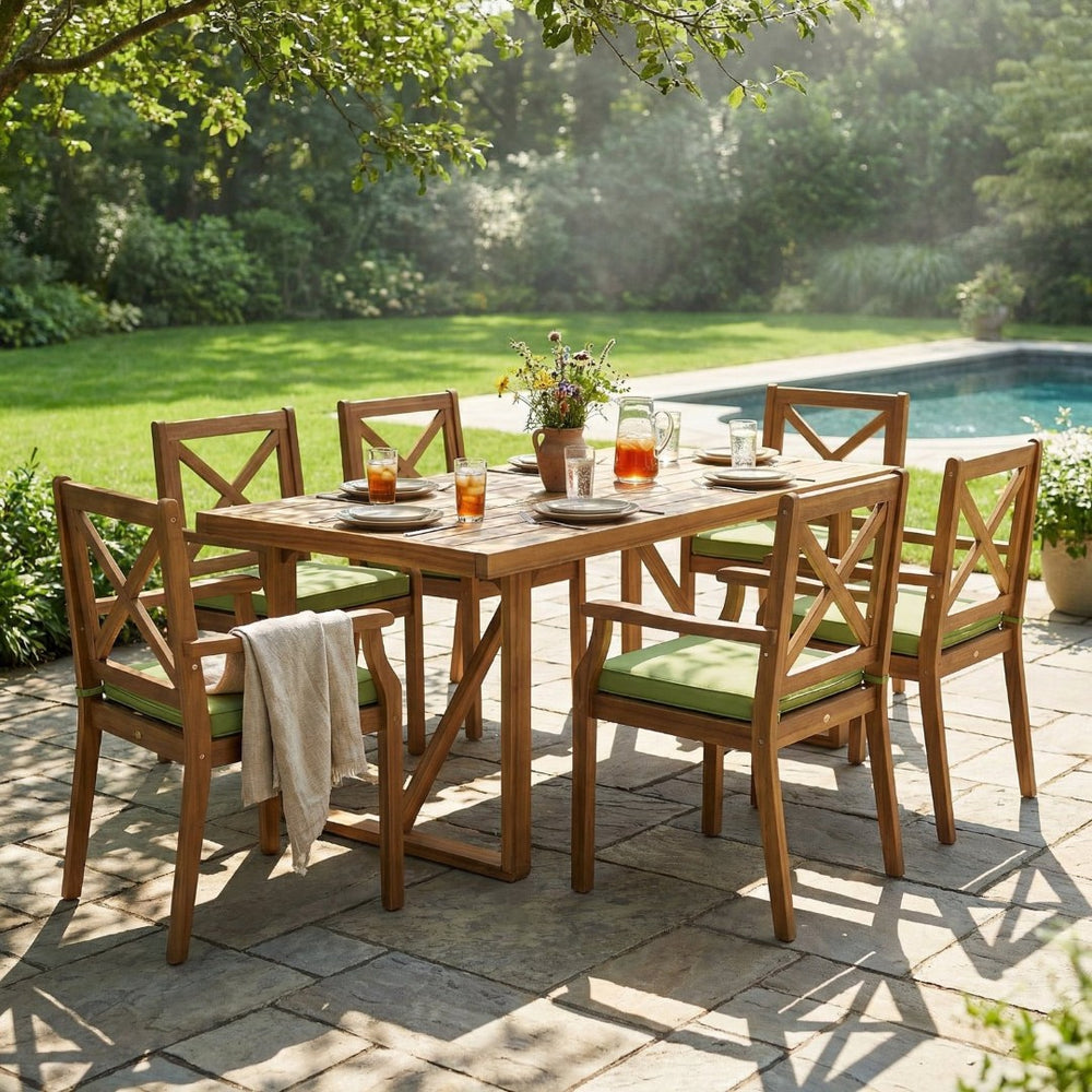 English Elm 7 Piece Solid Acacia Wood Outdoor Dining Set Six Armchairs Teak Finish Cushioned N762S000043AAF