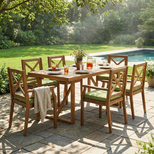 English Elm 7 Piece Solid Acacia Wood Outdoor Dining Set Six Armchairs Teak Finish Cushioned N762S000043AAF