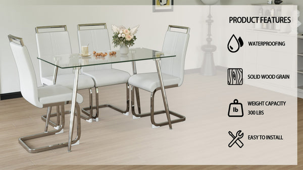 English Elm 51 Inch Tempered Glass Dining Set Seats Four with Chrome Legs and Pu Leather Chairs W2189S00918