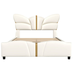 English Elm Christopher Knight Home® - Full Upholstered PU Leather Bed Frame with Butterfly Headboard, Gold Accents, Solid Wood Platform Beige 78.25 L x 10 W x 3.25 H N761S0000018W