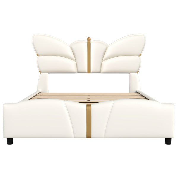 English Elm Christopher Knight Home® - Full Upholstered PU Leather Bed Frame with Butterfly Headboard, Gold Accents, Solid Wood Platform Beige 78.25 L x 10 W x 3.25 H N761S0000018W