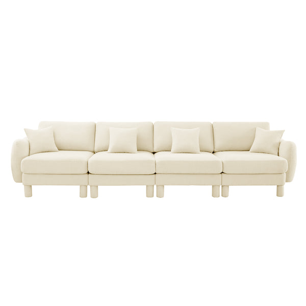 English Elm Boucle 4-Seater Sofa In Beige - Elegant Shell Armrests & Cylindrical Legs For Modern Living Spaces W3041S00279
