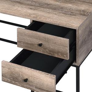 English Elm Desirre Rustic Oak Writing Desk with USB Port, 4 Drawers & Black Metal Sled Base — Industrial Charm B2726P251778