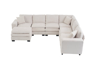 English Elm Modern U Shaped 6-Seat Sectional Sofa with Ottoman and 3 Toss Pillows, Corduroy Modular Comfort and Durable Frame White W2363S00039
