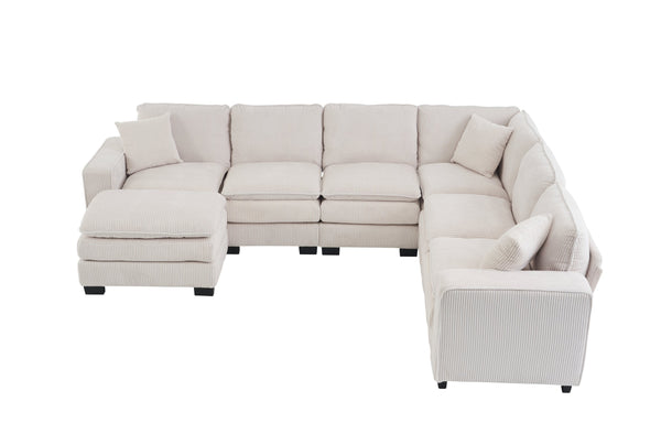 English Elm Modern U Shaped 6-Seat Sectional Sofa with Ottoman and 3 Toss Pillows, Corduroy Modular Comfort and Durable Frame White W2363S00039