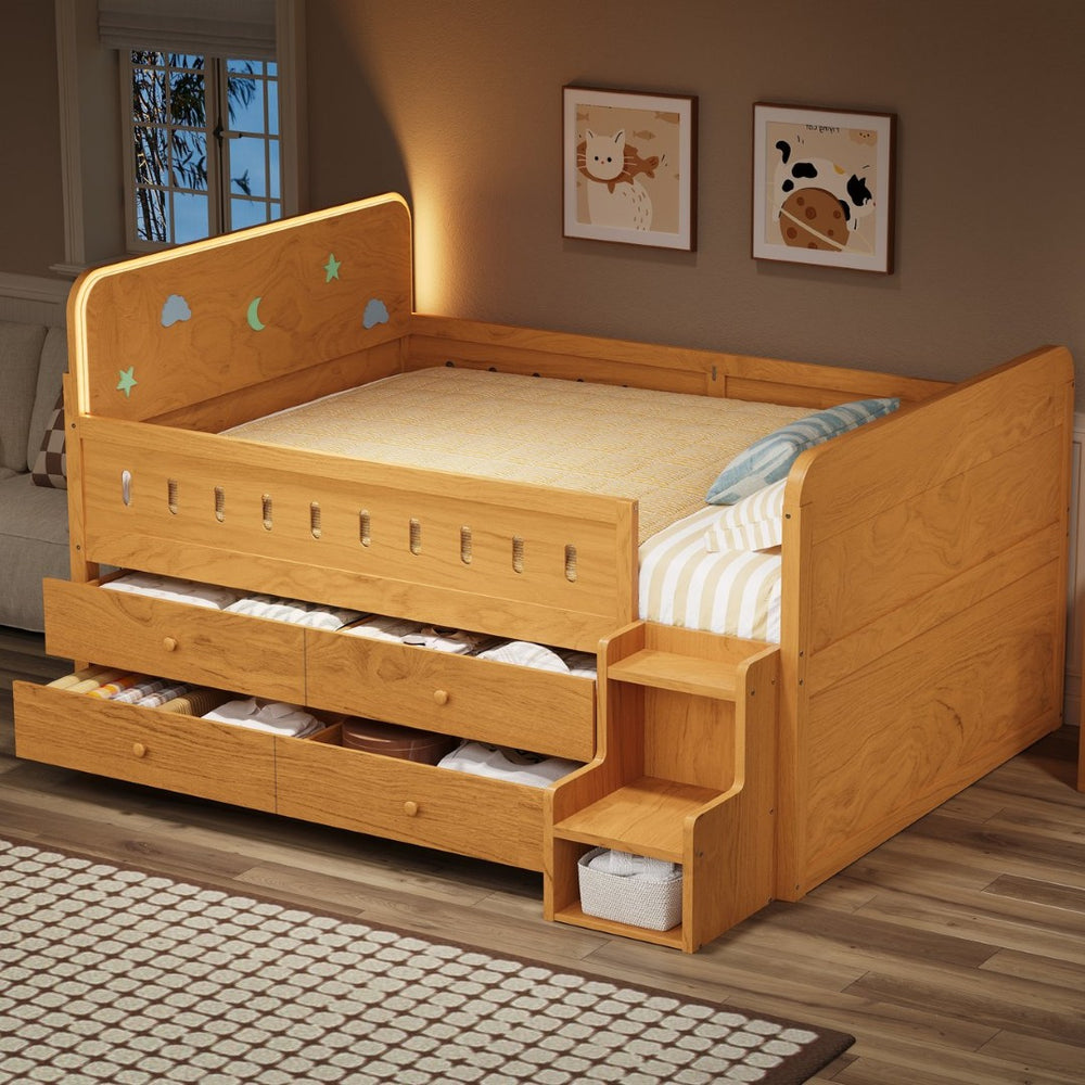 English Elm Wooden Full Bed Frame with Led Headboard Four Storage Drawers and Ladder Shelf Wood N7090004028D