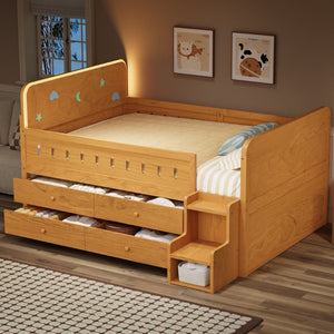 English Elm Wooden Full Bed Frame with Led Headboard Four Storage Drawers and Ladder Shelf Wood N7090004028D