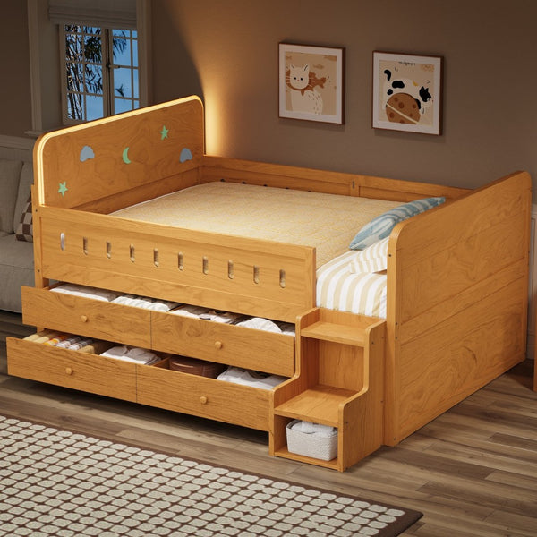 English Elm Wooden Full Bed Frame with Led Headboard Four Storage Drawers and Ladder Shelf Wood N7090004028D