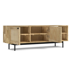 English Elm Reeves Mango Wood TV Media Stand 65" with Woven Raffia Cabinets, Black Iron Base, Natural Finish B136P203487