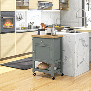 English Elm HOMCOM Rolling Kitchen Cart with Rubberwood Butcher Block Top, Drawer Cabinet Shelf & Towel Rack Gray W2225P217413