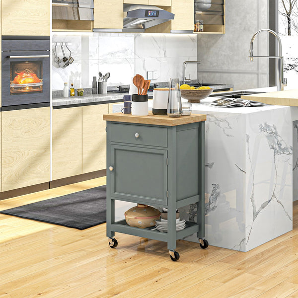 English Elm HOMCOM Rolling Kitchen Cart with Rubberwood Butcher Block Top, Drawer Cabinet Shelf & Towel Rack Gray W2225P217413