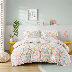 English Elm Full/Queen UHK Lulu Reversible Floral Cotton Duvet Set with Jungle Animals, Pom Pom Pillow, BCI Cotton B035P217814
