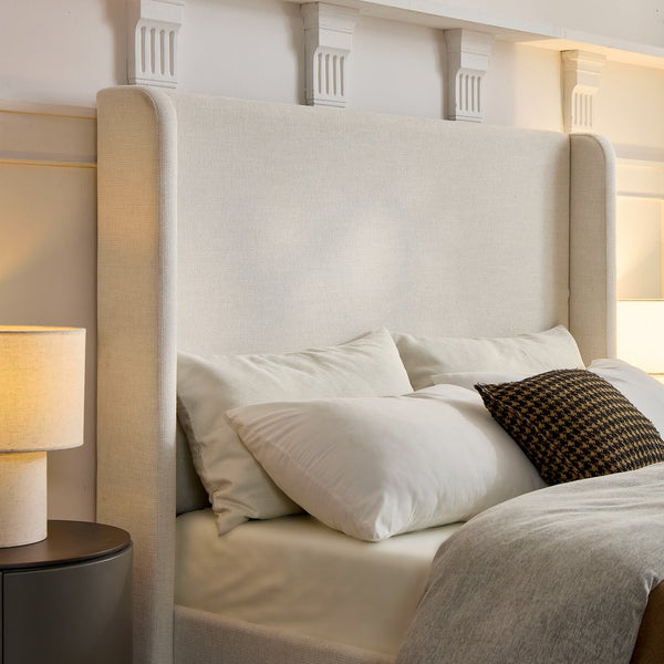 English Elm Caron Upholstered Wingback Bed - 54" High Headboard, Minimalist Design, Textured Ivory Chenille, Easy Assembly B083P340880