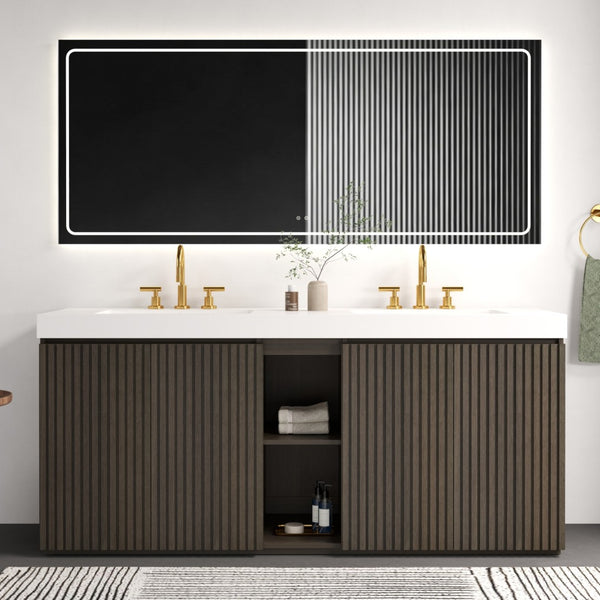 English Elm Galan 72 Inch Double Sink Vanity Fluted Wood Quartz Top Freestanding Bathroom Cabinet Oak,Smoke W1865S00227