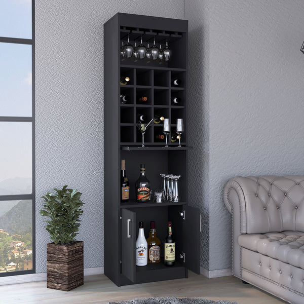 English Elm Being Kava Bar Cabinet Black - Double Door Storage, Two Shelves, 16 Wine Slots, Glass Rack, Easy Assembly B200S00174