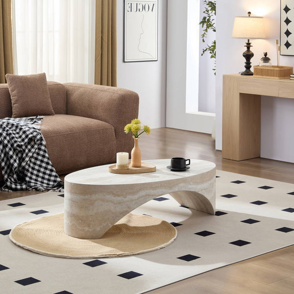 English Elm The Oval Marble Effect Fiberglass Coffee Table Low Profile Contemporary Living Room White W2085P374185
