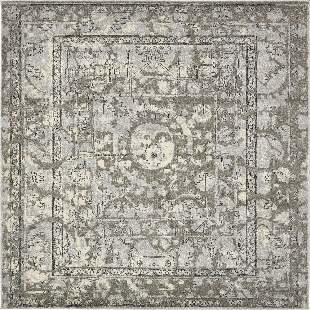 Unique Loom La Jolla Vintage Machine Made Border Rug Gray, Silver/Ivory 7' 10" x 7' 10"